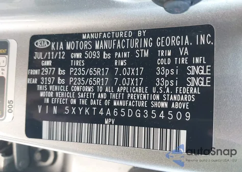 2013 Kia Sorento Lx из США, поврежденный, VIN 5XYKT4A65DG354509